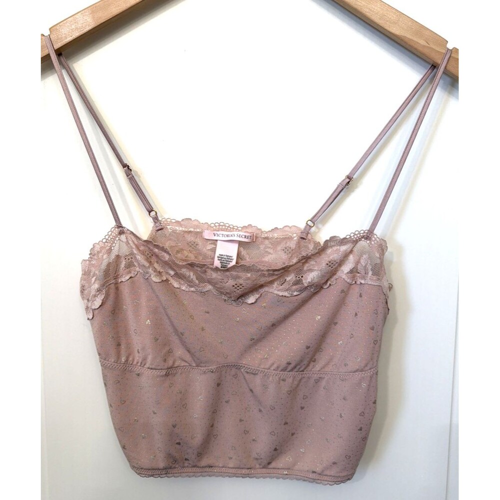 Victoria's Secret Pink Strappy Camisole Tank Top M Lace Trim Hearts Cropped